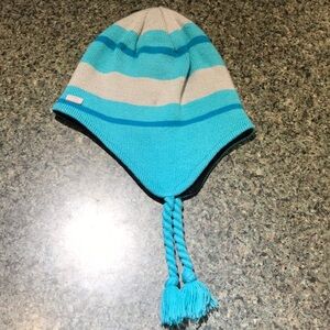Champion knit hat with ear braids - teal and grey - one size